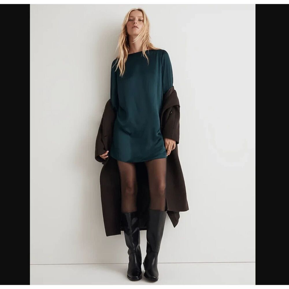 NWTs Madewell Emerald Green Mini Long Sleeve Shift Dress